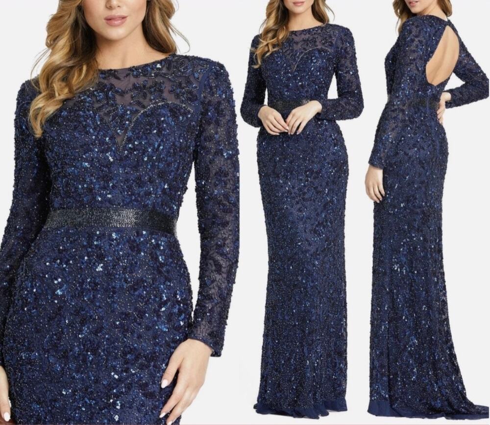 Mac Duggal Navy Beaded Sequin Column Evening Gown Illusion Back Sweep Train 16